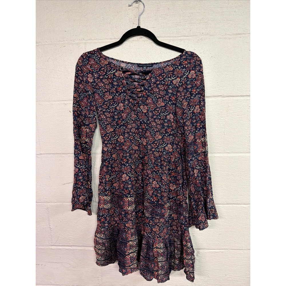 American Eagle Floral Paisley Lace Up Long Sleeve Mini Dress Navy Red XS